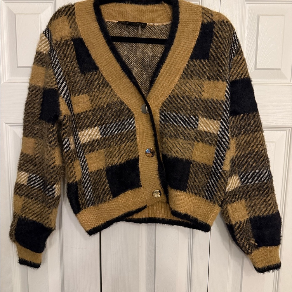 English Factory Checkered Cardigan - Black and Tan